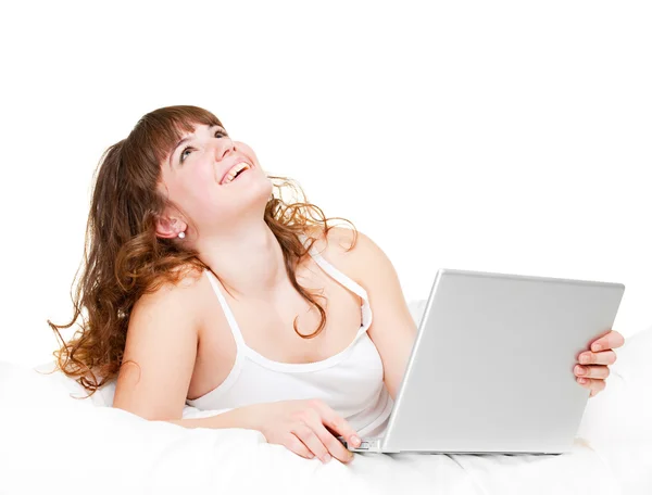 笔记本电脑的笑脸女人 — 图库照片