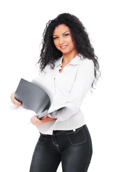 Perempuan bisnis bahagia dengan folder — Stok Foto