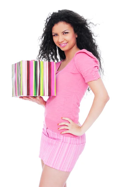 Happy woman holding gift — Stock Photo, Image