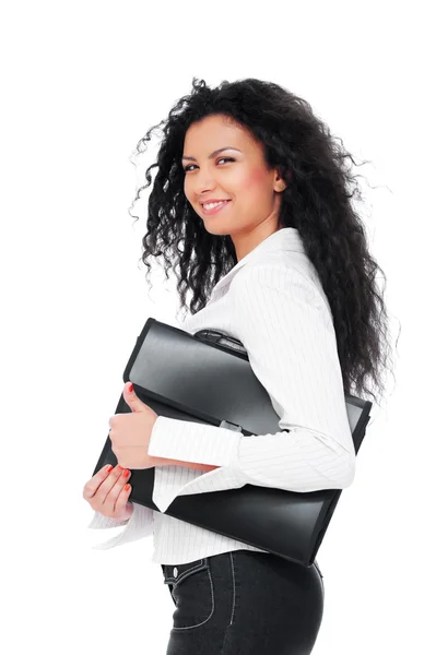 Szép, mosolygós nő holding fekete táska — Stock Fotó