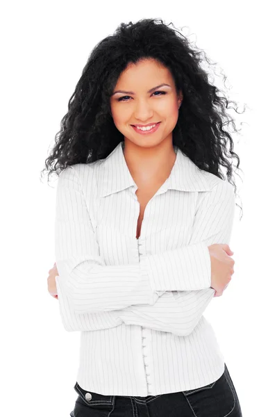 Mulher sorridente em camisa branca — Fotografia de Stock