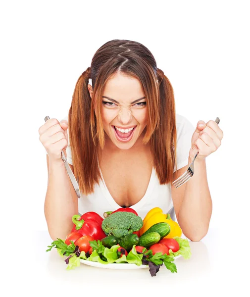 Щаслива жінка з овочами — стокове фото