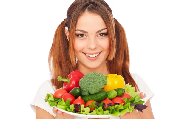 Boldog asszony zöldségekkel — Stock Fotó