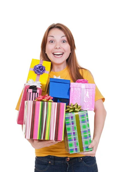 Mujer alegre con cajas de regalo —  Fotos de Stock
