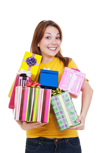 Χαρούμενη γυναίκα με κουτιά δώρων — Φωτογραφία Αρχείου