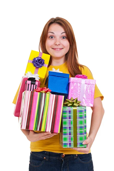 Joyful woman with gifts — Stock Photo, Image