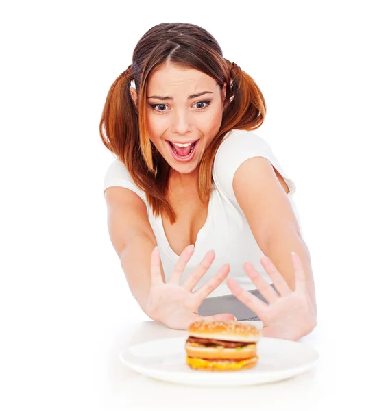 Retrato de mujer emocional con hamburguesa — Foto de Stock