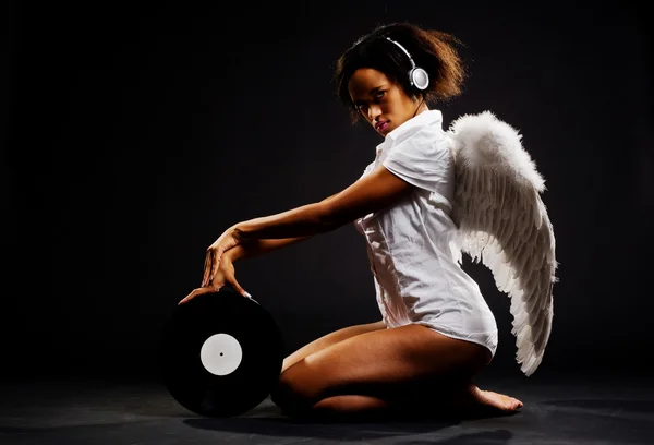 Beautiful angel with vinyl — Stock Photo, Image