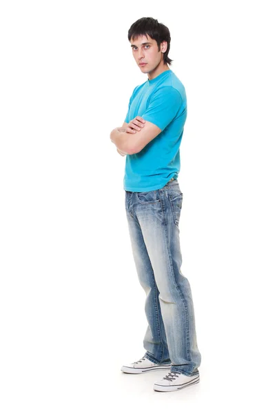 Ernstige man in blauw t-shirt — Stockfoto