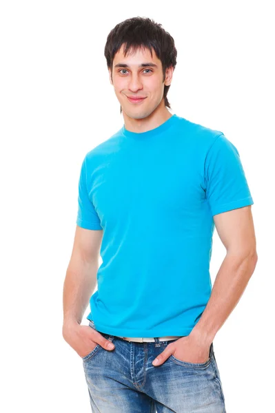 Mavi t-shirt gülen adam — Stok fotoğraf