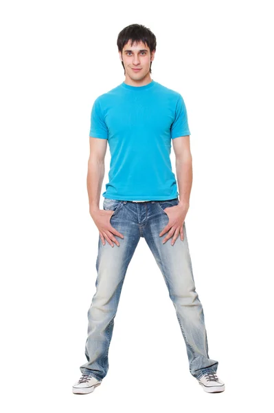 Mavi t-shirt ve jeans gülen adam — Stok fotoğraf