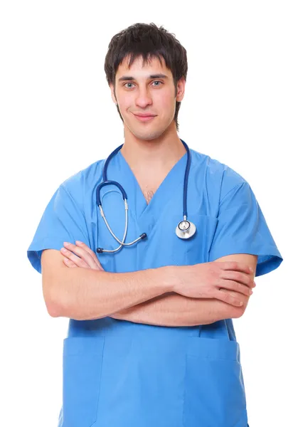 Médico sonriente en uniforme azul — Foto de Stock