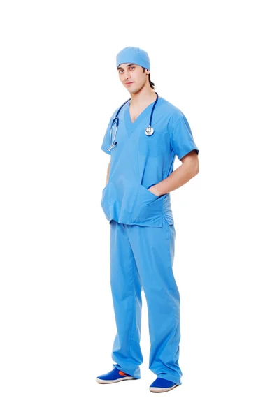 Jovem médico de uniforme azul — Fotografia de Stock