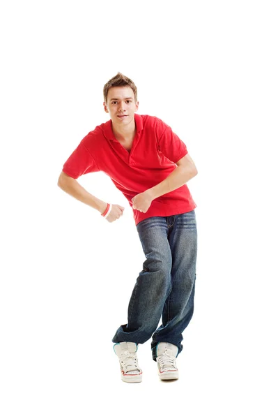 Dancing hip-hop guy in red t-shirt — Stock Photo, Image