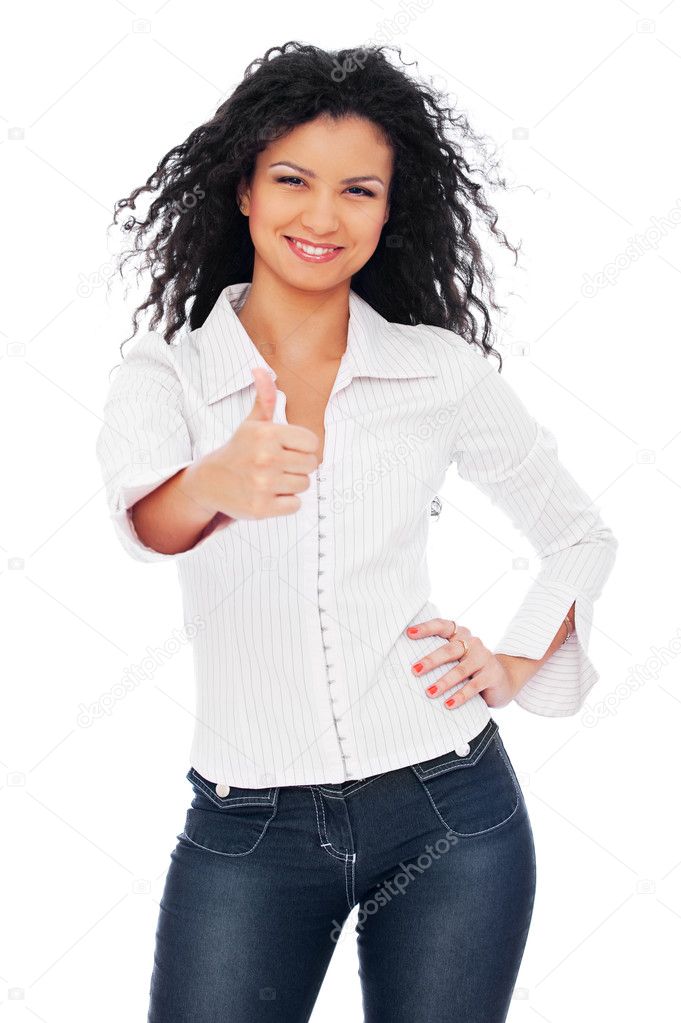 Lively woman showing thumbs up