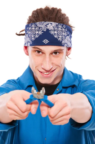 Smiley workman with pliers — Stock Photo, Image