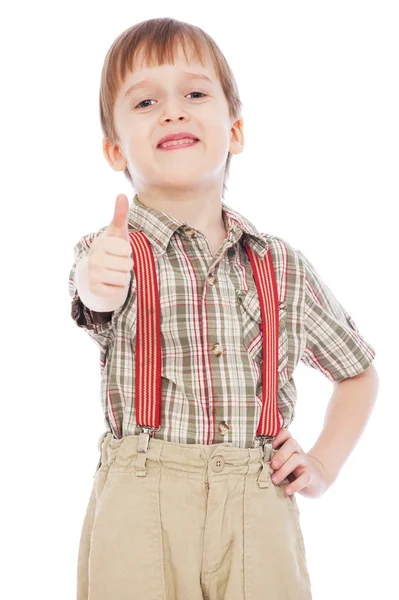 Wesoły mały chłopiec pokazując kciuki w górę — Zdjęcie stockowe