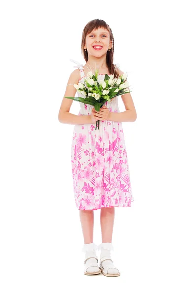 Cheerful little girl with bunch of tulips — Stock Photo, Image