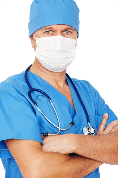 Orvos a maszk és a kék egységes — Stock Fotó