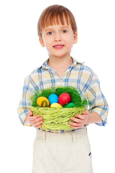 Smiley little boy with easter eggs — Stock Photo, Image