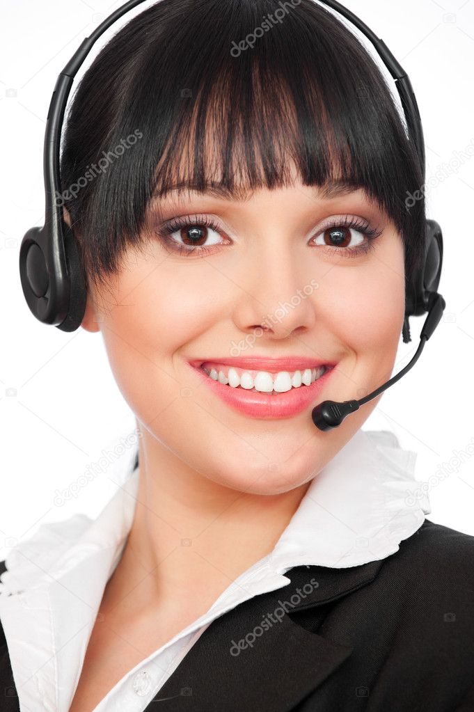 Smiley telephone operator over white