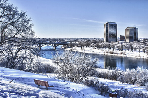 Buildings and architecture on a frosty winter day in Saskatoon, Canada