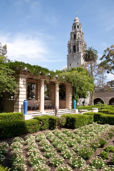 Jardín de flores y famosa torre en Balboa Park, San Diego —  Fotos de Stock