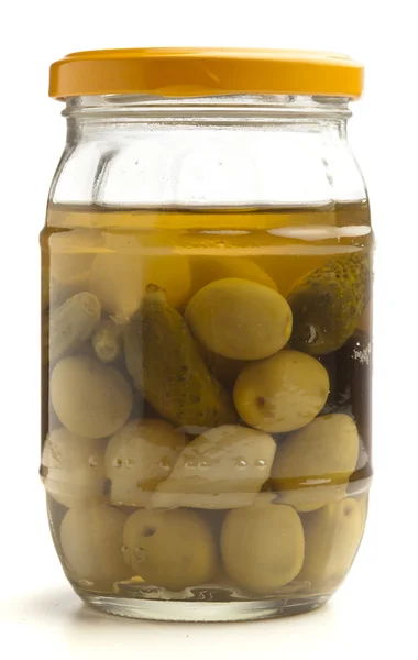 Varietà Olive Scatola Isolata Fondo Bianco — Foto Stock