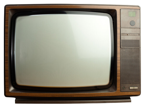 Ретро-телевизор с деревянным корпусом на белом фоне
