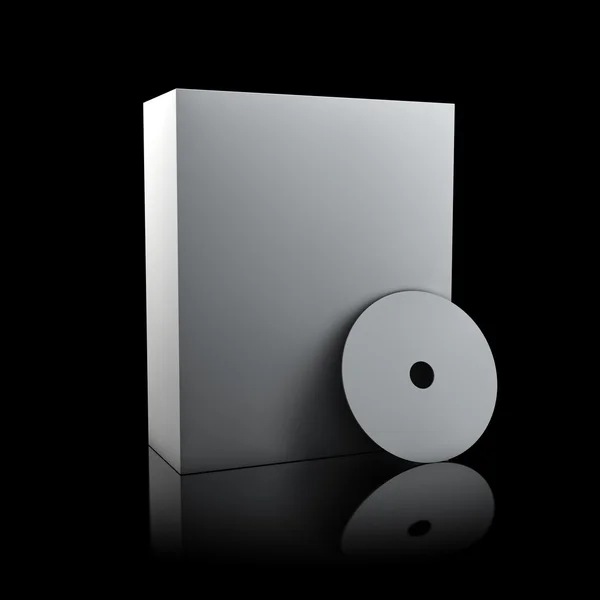 Caixa em branco e cd na superfície reflexiva — Fotografia de Stock