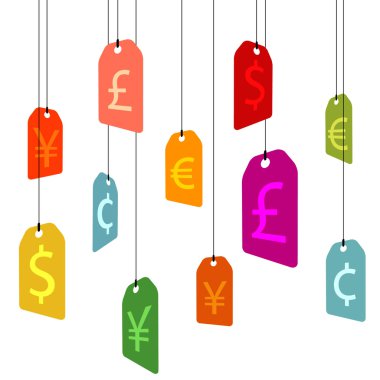 hanging pricetags with currency signs on white clipart