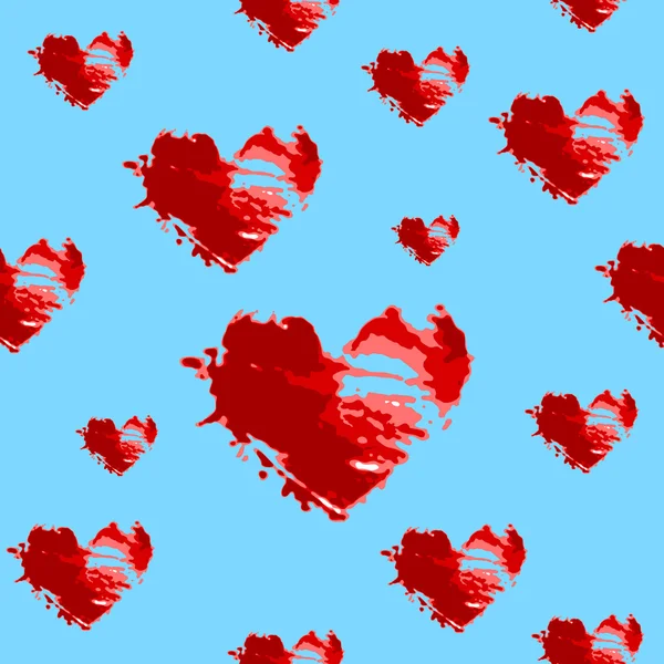Nahtloses Blaues Muster Mit Grunge Roten Herzen — Stockvektor