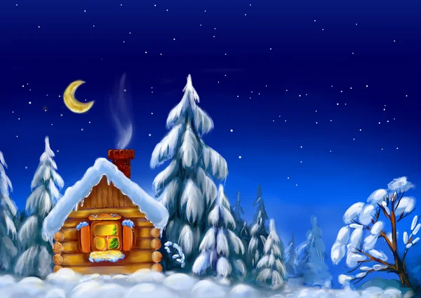 Huis in sneeuw bos — Stockfoto