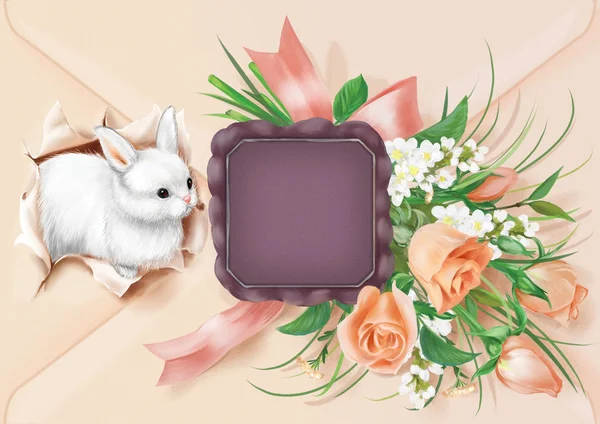 Retrocard med vit kanin — Stockfoto
