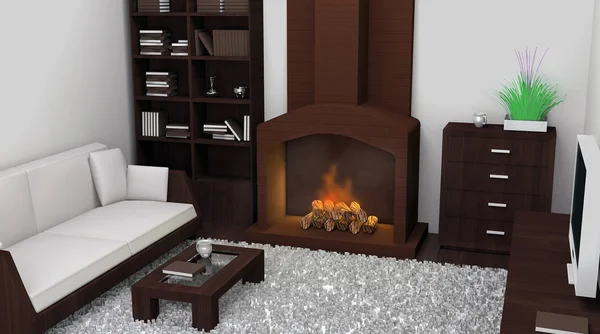 3D-Darstellung des modernen Zimmers mit Kamin — Stockfoto