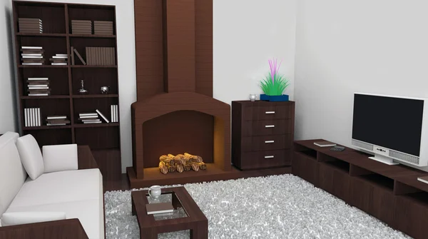 3D-rendering av moderna rum med öppen spis — Stockfoto