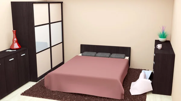 Modern Yatak Odasında Sıcak Tonlarda — Stok fotoğraf