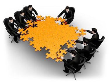 3d business team work building a puzzle isolated over a white background clipart