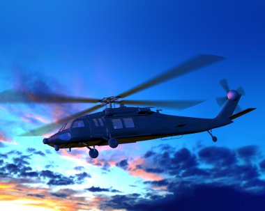 Render of helicopter flying from sunset clouds clipart