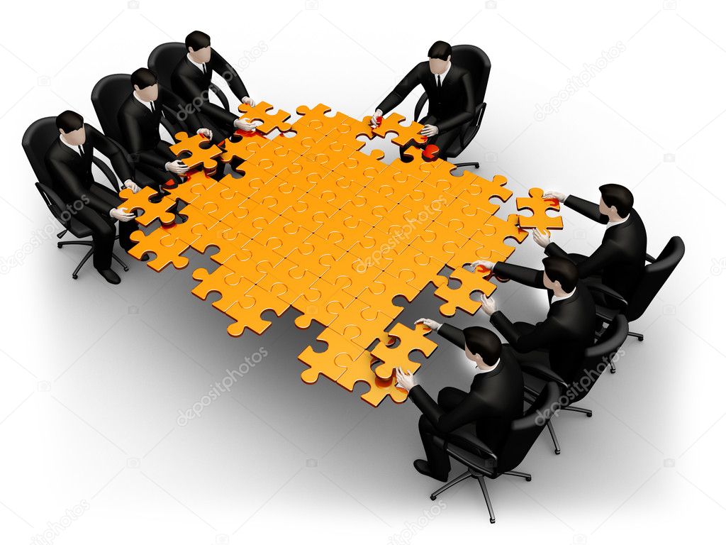 3d business team work building a puzzle isolated over a white background