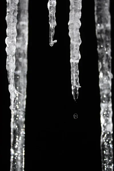 Buz Sarkıtları Çatı Gece Karanlık Kristal Kırılganlık Bir Şeffaflık Stok Fotoğraf
