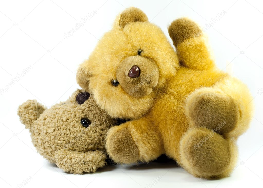 Two teddy bears on a white background.