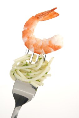 The Red Shrimps on the fork w spaghetti clipart