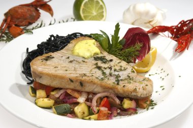 Grilled pikeperch v pasta and vegetable clipart