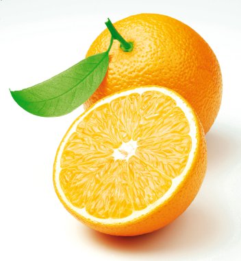 Two freshly cut oranges with a leaf clipart