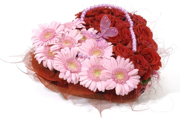 Cuore San Valentino Rose Gerbera Foglie Tessuto — Foto Stock
