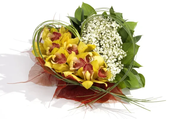 Valentine Hjärta Orkidéer Grön Och Tyg Blad — Stockfoto