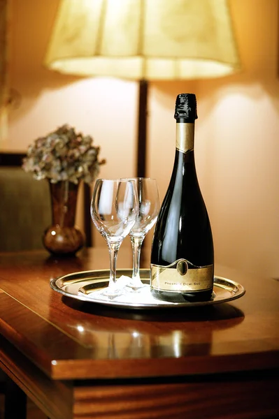Bottle of Champagne and two glasses — Stock Photo, Image