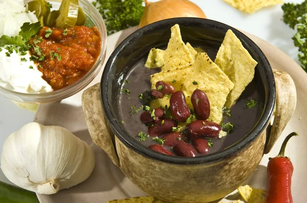 Sopa Con Carne Estilo Mexicano Con Chips Tortilla Salsa — Foto de Stock