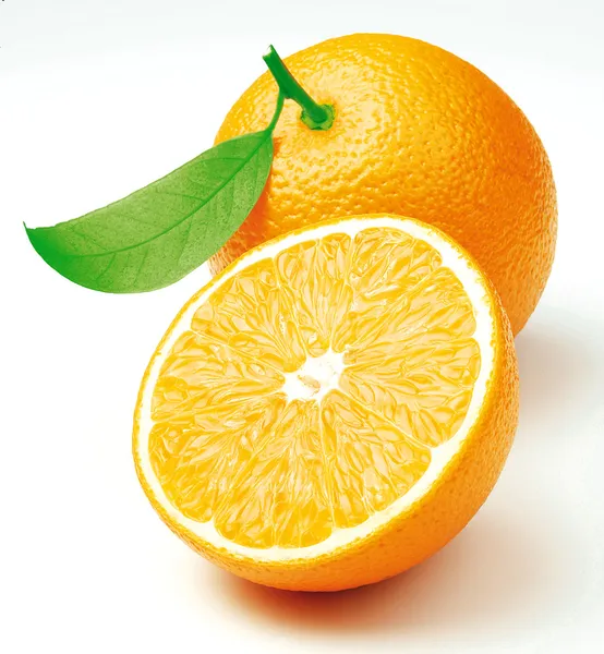 Two freshly cut oranges with a leaf — Stock Photo, Image